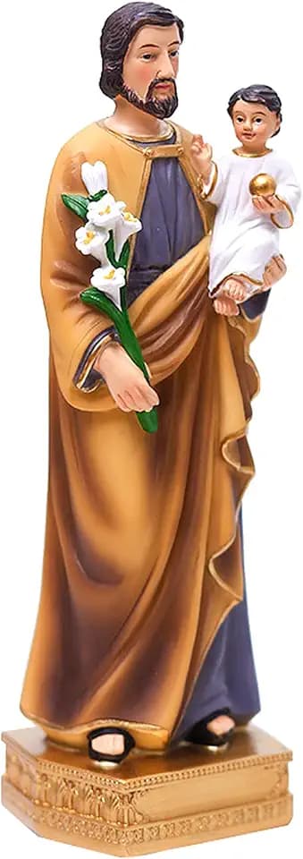 QIANLING St. Joseph Statue 20 cm - Religiöse Heiliger Josef Figur mit Jesuskind, handbemalte Kunstharz Heiligenfigur auf Sockel, katholische Deko für Hausaltar, Wohnzimmer & religiöse Geschenke