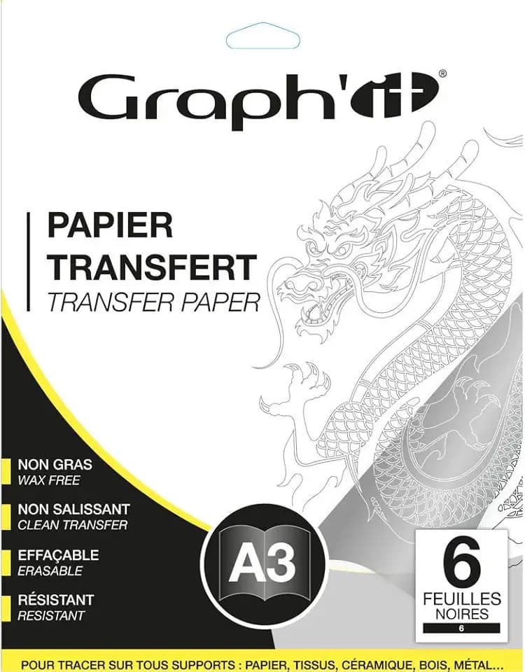 GRAPH'IT Transferpapier, A3, Schwarz, 6 Blatt, fettfrei, schmutzabweisend, abwischbar, wiederverwendbar, zum Zeichnen auf allen Untergründen – hochwertiges Zeichenpapier für manuelle Aktivitäten