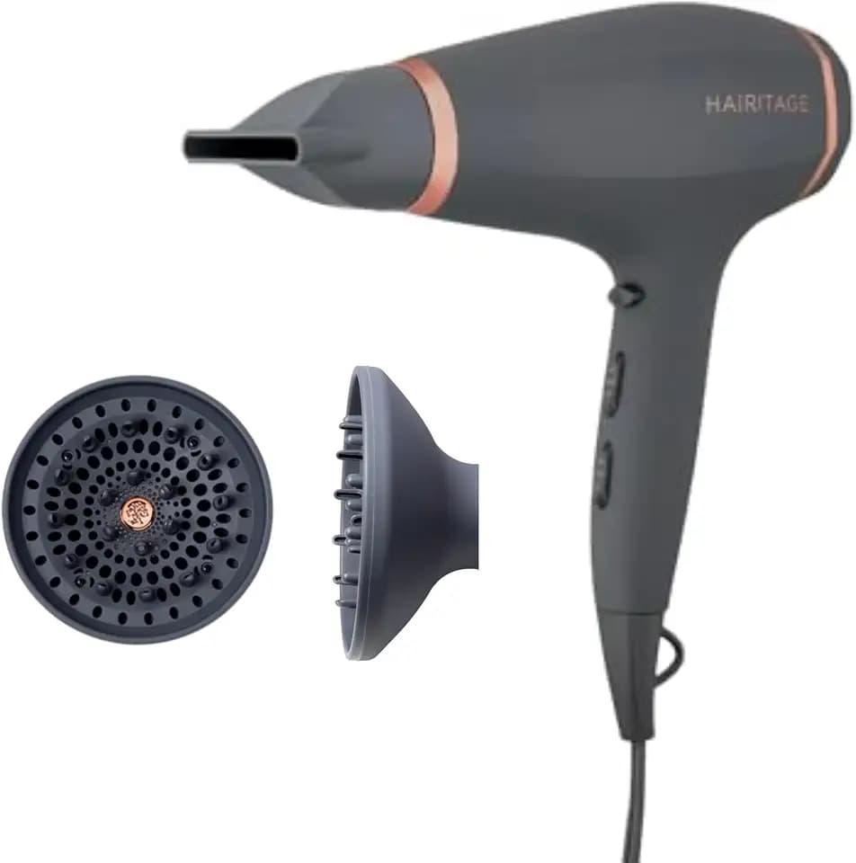 Hairitage Ionic Hair Blow Dryer & Diffuser + Concentrator Attachments, for All Hair Types, 1875 Watts, 3 Heat Settings & Cool Shot Locks-in Style, Best Lightweight Diffuser for Smooth Blowouts