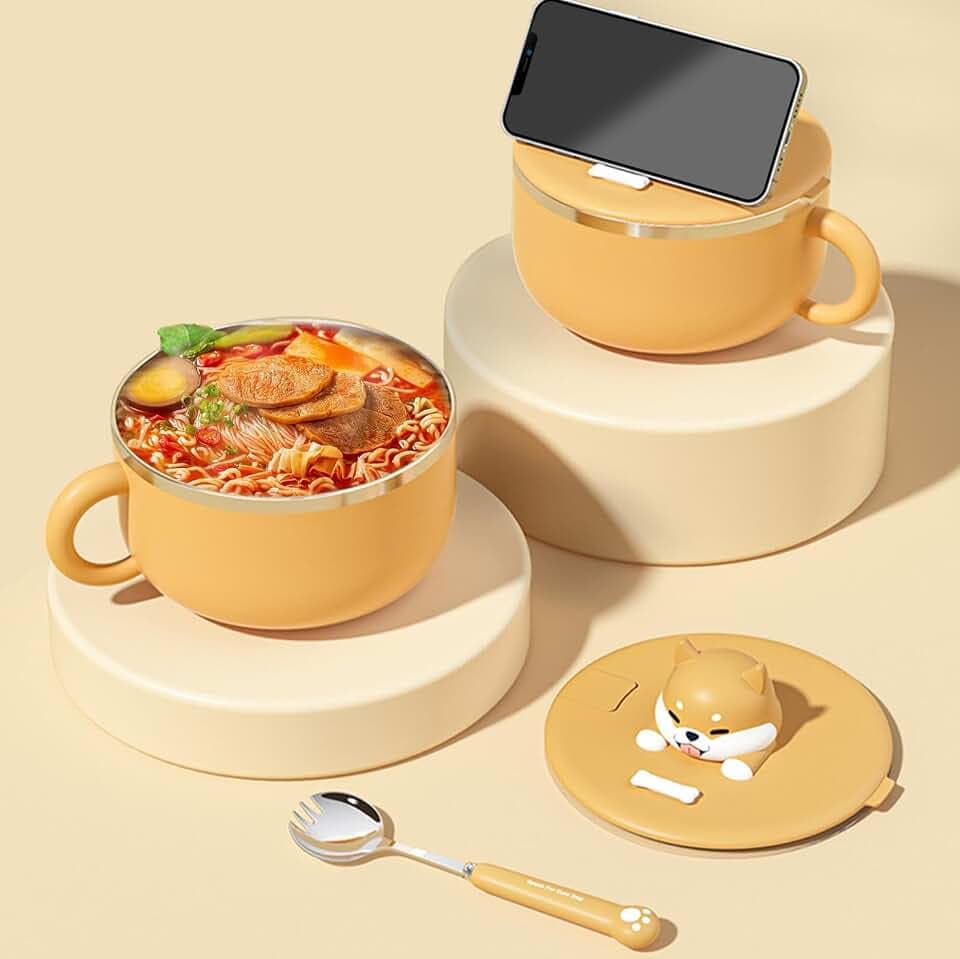 HOMURY Welpenform Instant Nudeln Schüssel: 1200 ML Ramen Schüssel mit Deckel und Löffel, Tragbare Nudelschale Edelstahl, Auslaufsicher Ramenschüssel Instant, Nudeln Suppe Lunchbox für Kinder
