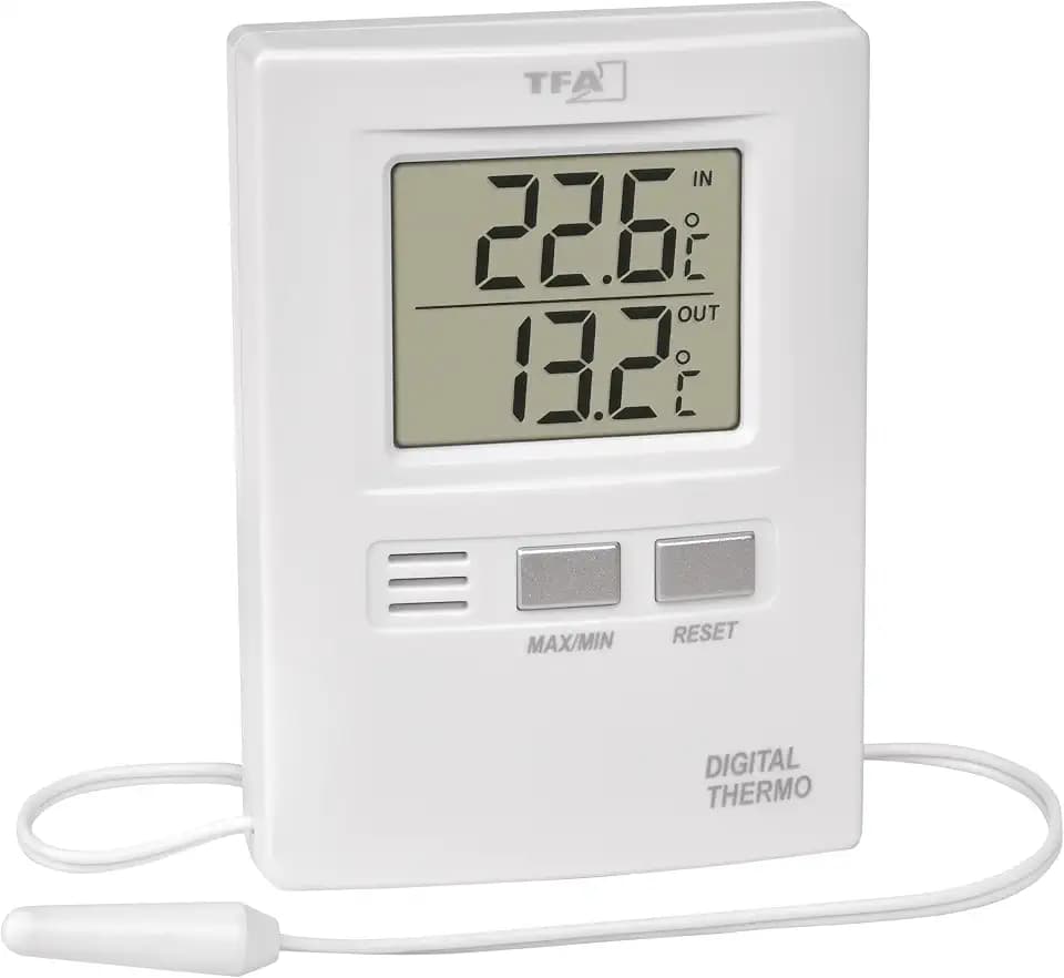 TFA Dostmann Digitales Innen-Außen-Thermometer, funktionales Display, Höchst- und Tiefwerte, Innen - und Außentemperatur, L 62 x B 20 (55) x H 85 mm, Weiß