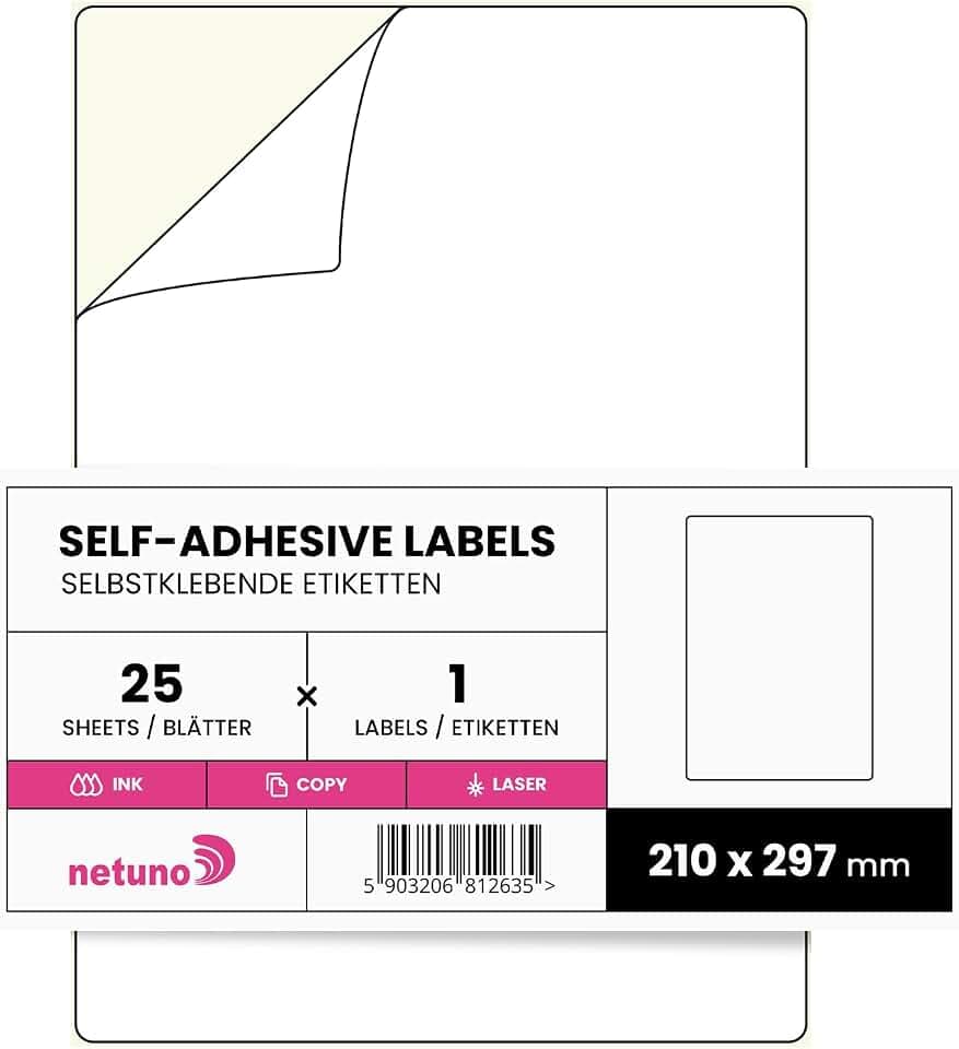 Netuno 25 Blatt DIN A4 Aufkleber Selbstklebend 29,7 x 21 cm (1 Stück pro Blatt) universelle Etiketten Matt groß für Laser Inkjet Beschriftung Druckeretiketten A4 Klebeetiketten Sticker Papier