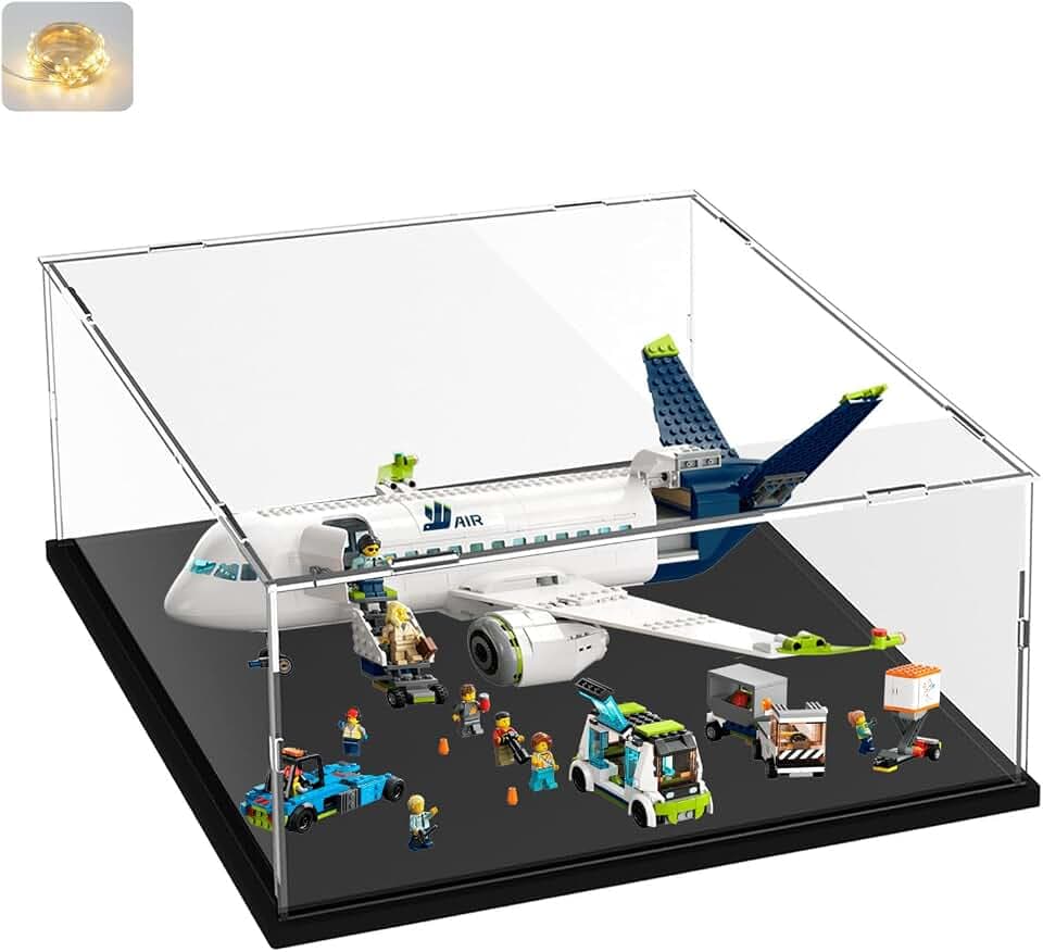 Acryl Vitrine Schaukasten 3mm Groß für LEGO 60367 Passagierflugzeug Schach | Transparente Displayvitrine plexiglas für LEGO 80056 Figuren Sammlerstücke mit Holz-Kunststoff-Basis &Led, Schwarz 50x50x25cm