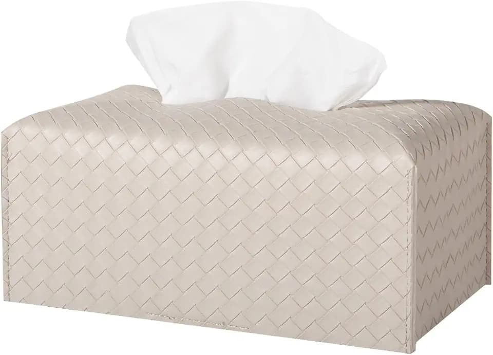 Tissue Box Cover Short Rectangle Leather Facial Paper Holder, Griege