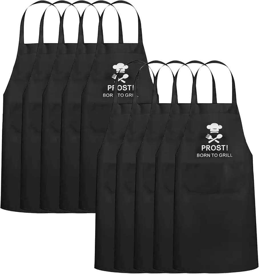 10 Stück Kochschürze Herren Grill Schürze Schwarze Schürze mit Tasche und lustigem “PROST BORN TO GRILL” Motiv für Männer Vater BBQ Küche Party Outdoor