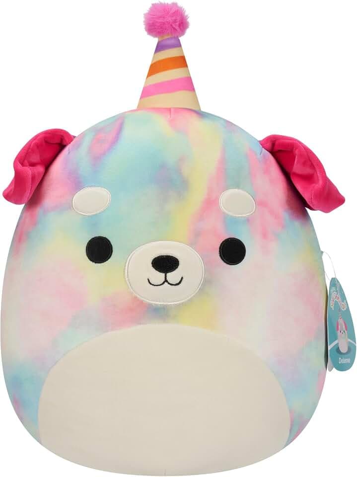 Squishmallows Original 12-Inch Delenne the Rainbow Tie-Dye Dog with Party Hat - Official Jazwares “Happy Birthday” Plush (Medium-Sized)