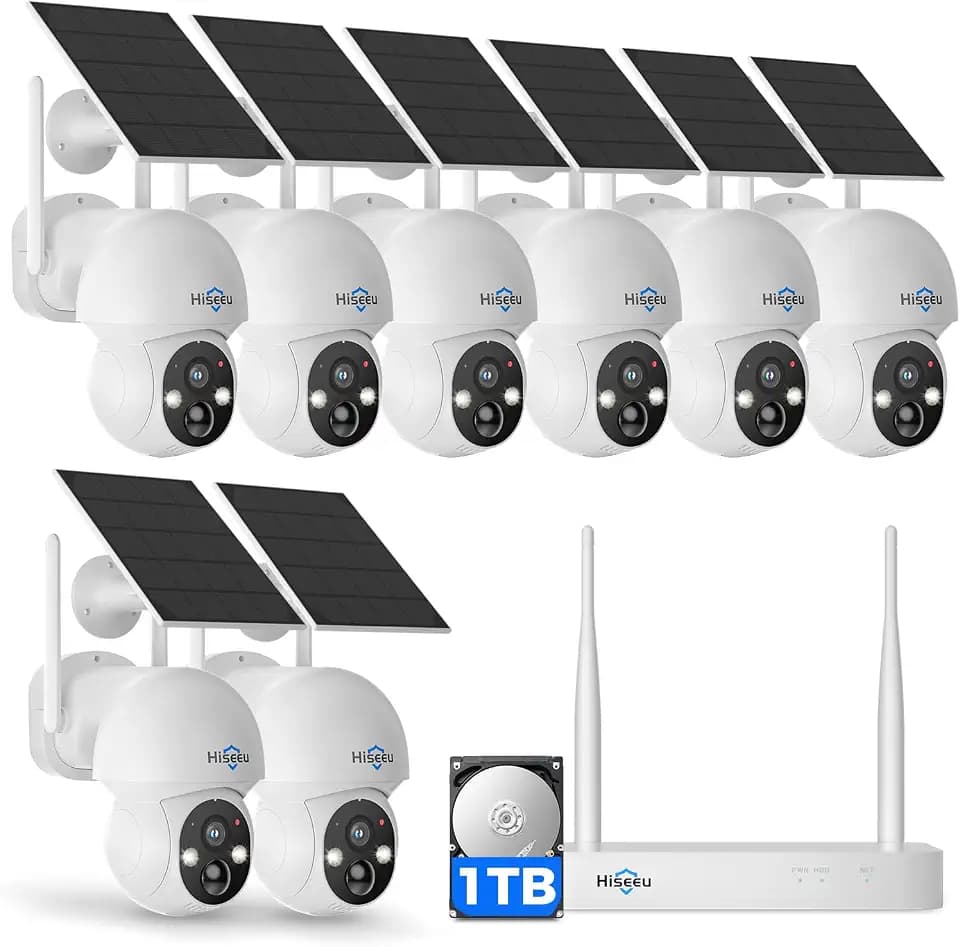 Hiseeu Solar Security Camera, 4MP 8-Cam Kit, 1TB HDD