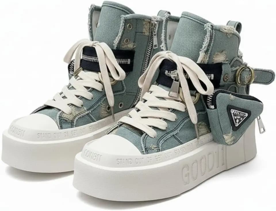 ZQW Denim High Top Canvas Shoes for Women Y2K Front Zipper Square Toe Chunky Platform Comfy Walking Sneakers School Outfit