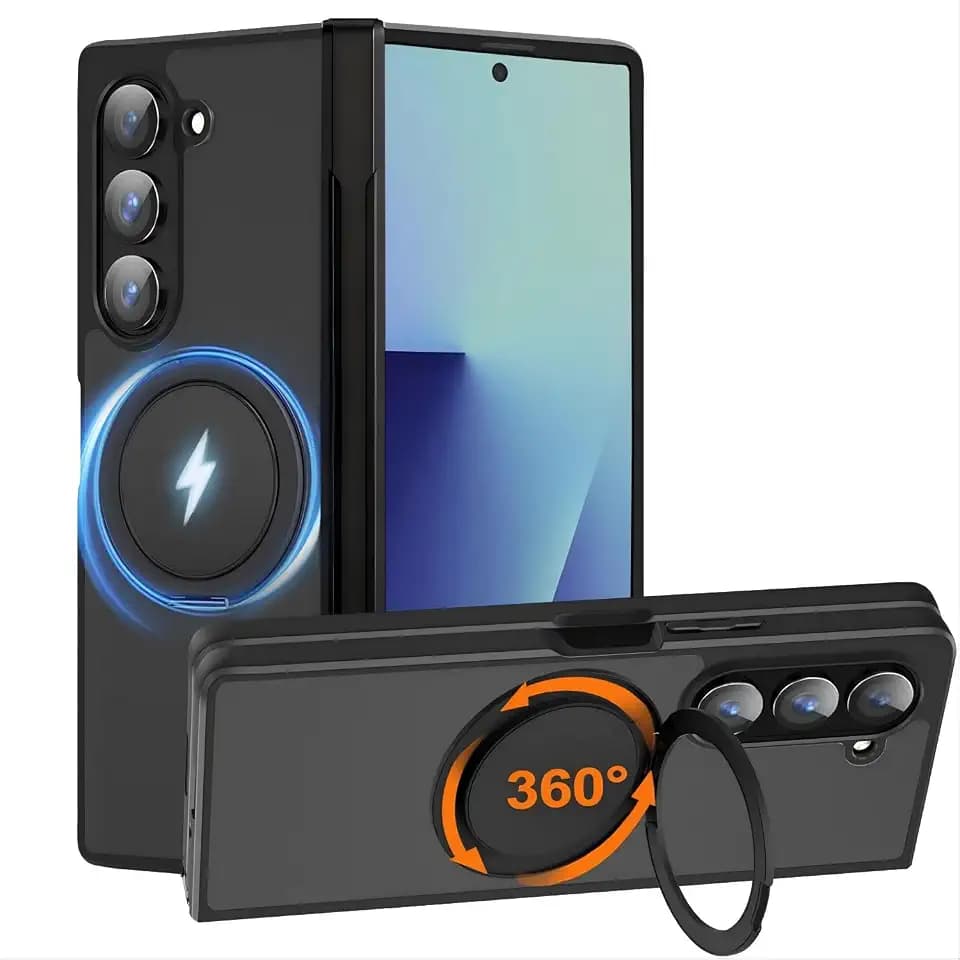 HikerClub Handyhülle für Galaxy Z Fold 7 (2025) Hülle Magnetische Scharnierschutz Case mit Ständer, 360 Drehring [Magie Stressabbau Soundeffekt Handyhalter] Transluzente Matt Schutzhülle, Schwarz
