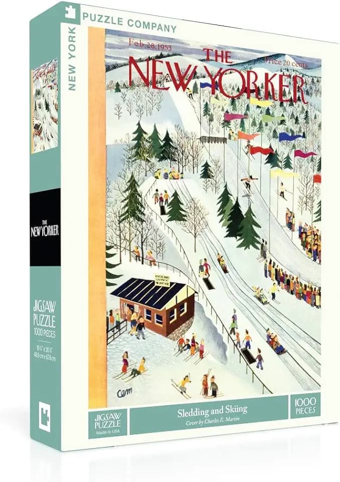 New York Puzzle Company - New Yorker Sledding and Skiing - 1000 Piece Jigsaw Puzzle for Adults by Charles E. Martin