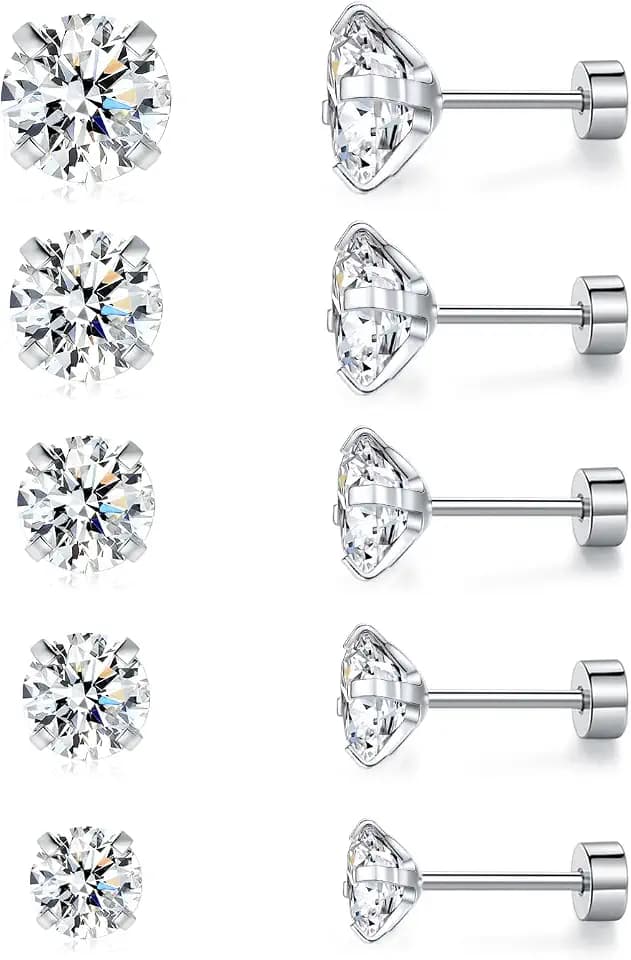 MDFUN Screw Back Stud Earrings Set for Women/Men,5 Pairs 18K Gold Plated Round Clear Cubic Zirconia Hypoallergenic Ear Pack Jewelry Gift