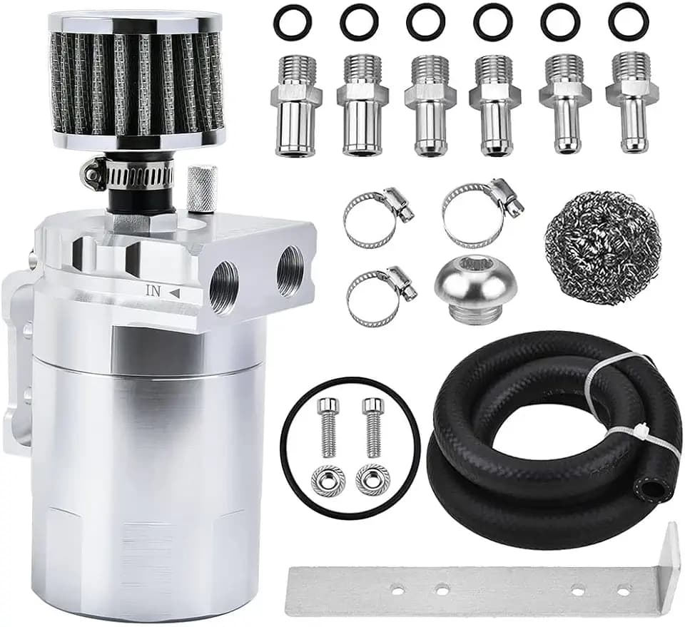 EVIL ENERGY Oil Catch Can, Universal Baffled Catch Can Kit with Breather Filter, 300ml Aluminum Air Oil Separator Tank NBR Fuel Hose Kits for PCV System Silver