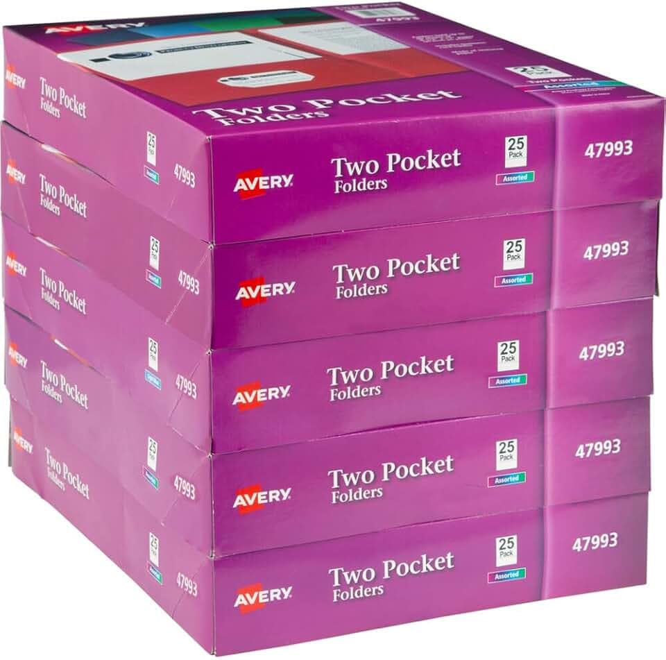Avery Two Pocket Folders, Holds up to 40 Sheets, Business Card Slot, Case Pack of 125 Assorted Folders (47993)