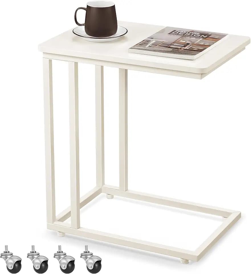 VASAGLE Beistelltisch, C-Form, mit Rollen, Metallgestell, 35 x 50 x 60 cm | Sofatisch, mobiler Kaffeetisch, für Kaffee und Laptop, Modernes Design, Cremeweiss, BARNET Kollektion LNT050W77