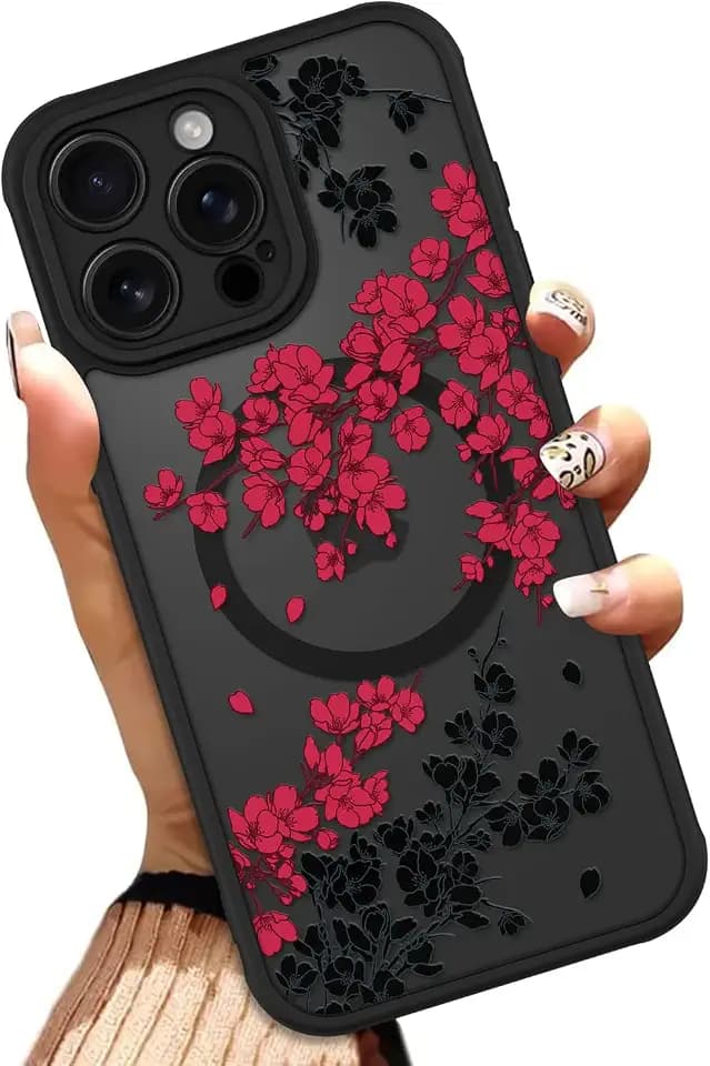 OOK Red Floral Flowers Phone Case Made for iPhone 15 Pro Max 6.7 Inch