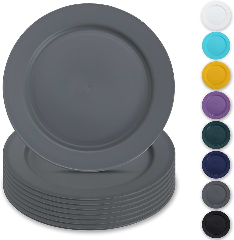 Berglander Kunststoff teller Set mit 8 Stück 25cm, grau Mehrwegige flache Speiseteller, Salatteller, Nudelschalen, Geschirrset leicht zu tragen für Zuhause, Garten, Picknick, Camping, im Freien