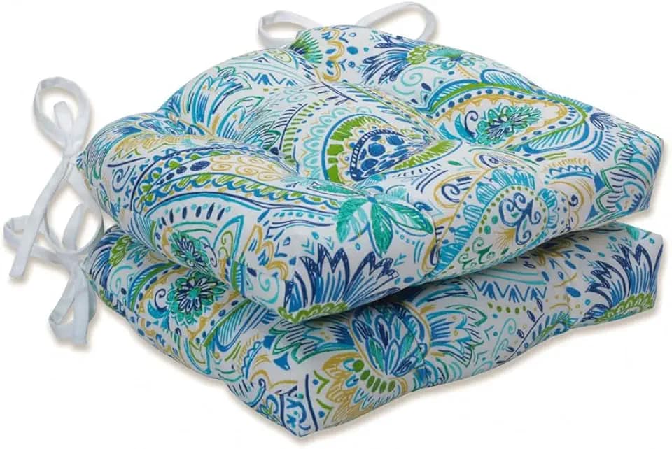 Pillow Perfect Paisley Indoor/Outdoor Chairpad with Ties, Reversible, Tufted, Weather, and Fade Resistant, 15.5" x 16", Blue/Yellow Gilford, 2 Count