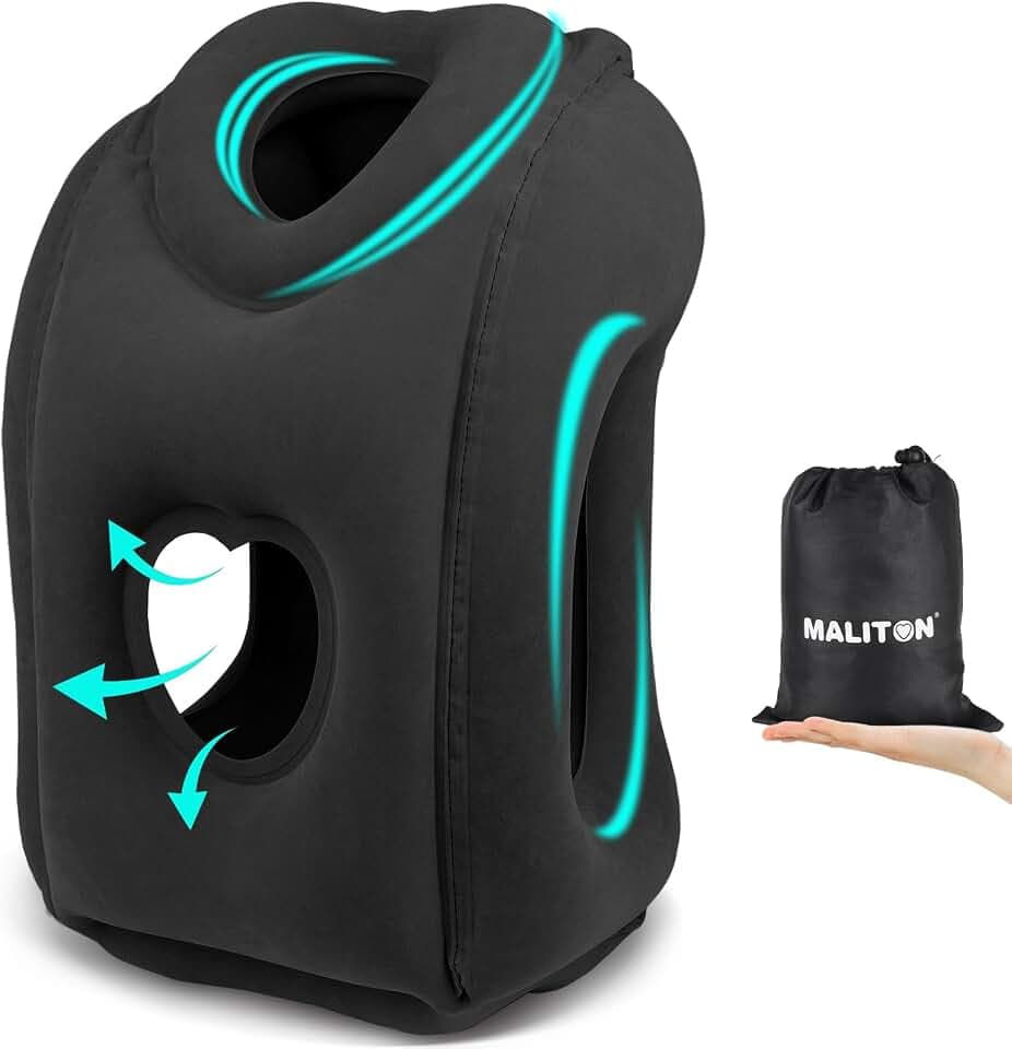Maliton Reisekissen, Nackenkissen Flugzeug Aufblasbar, Faltbar Tragbar Komfortabel Travel Pillow, Stützt den Kopf und schützt die Halswirbelsäule Nackenkissen für Flugzeug Bahn Auto, Schwarz