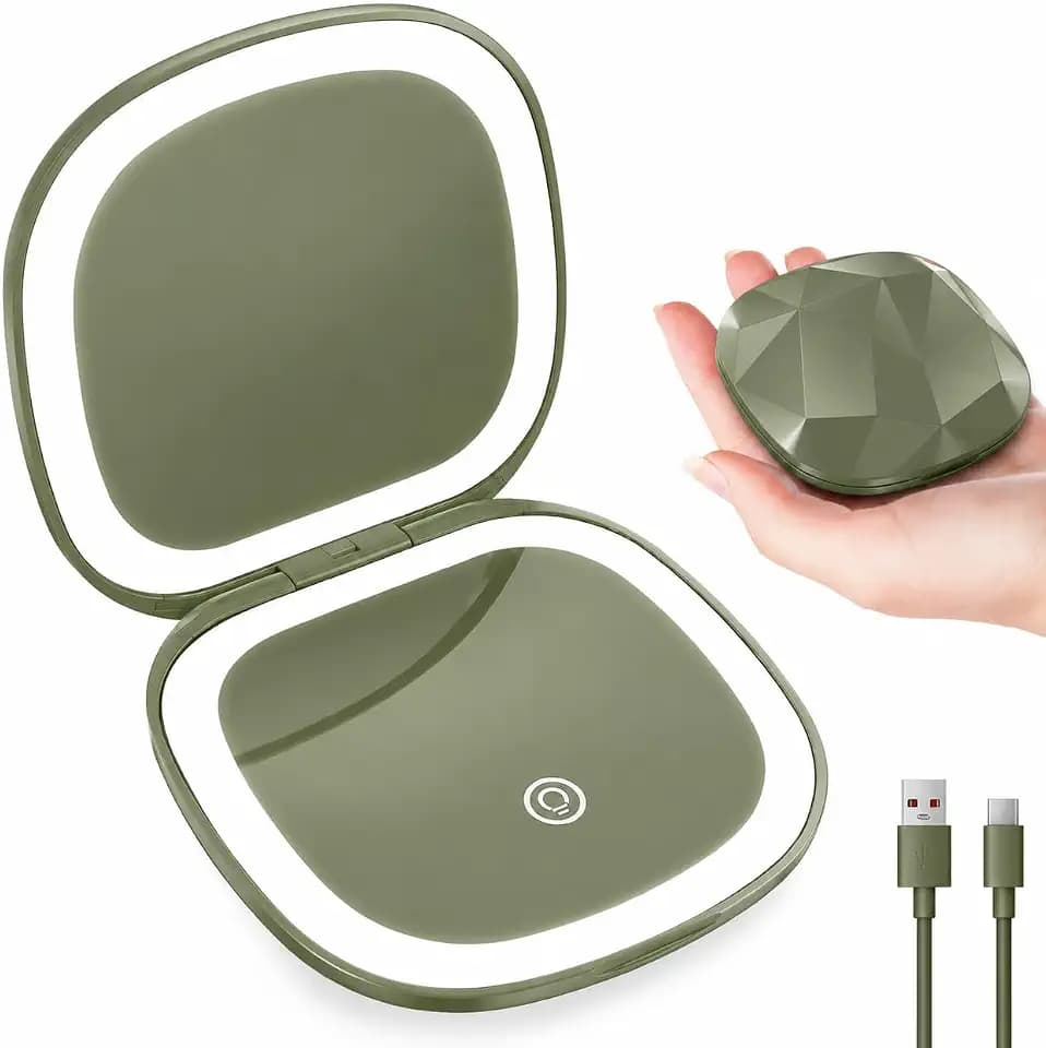 10X/1X Magnifying Compact Mirror for Purse, Dimmable LED & USB Rechargeable, Portable Double-Sided Folding Pocket Mirror, Travel Makeup Mirror with Light, (Olive)