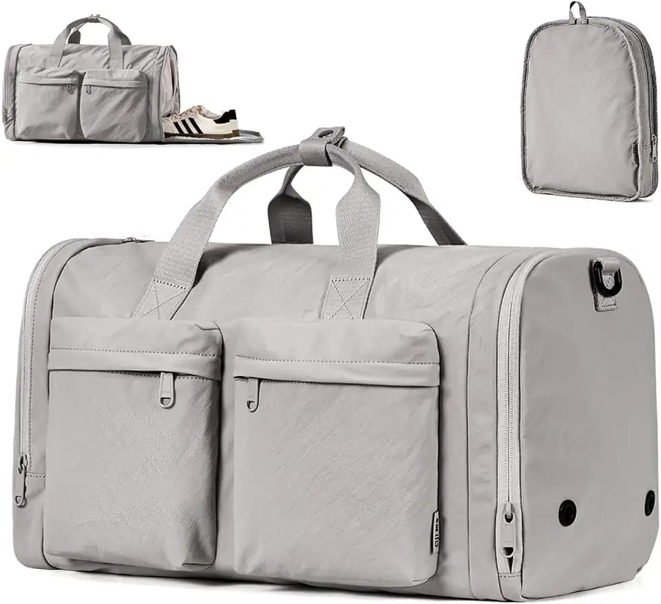 Foldable Gym Bag for Women Men with Shoes Compartment, 3 in 1 Carry on Travel Duffel Bag with Trolley Sleeve, Lightweight&Water Resistant Duffel Bag for Travel, Sport, Fitness&Workout,Elegant Gray