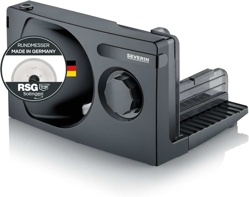 SEVERIN Allesschneider für Brot, Aufschnitt oder Käse, Brotschneidemaschine mit stufenlos einstellbarer Schnittstärke, Aufschnittmaschine mit Fingerschutz, schwarz, AS 9595