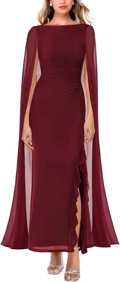 MAYFASEY Women's Sexy Elegant Long Sleeve High Split Mesh Ruched Formal Long Evening Party Maxi Dress with Cape