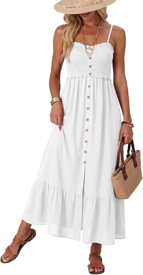 Dokotoo Womens Summer Dresses 2026 Sleeveless Spaghetti Strap Button Down Smocked Beach Vacation Long Maxi Dress with Pockets