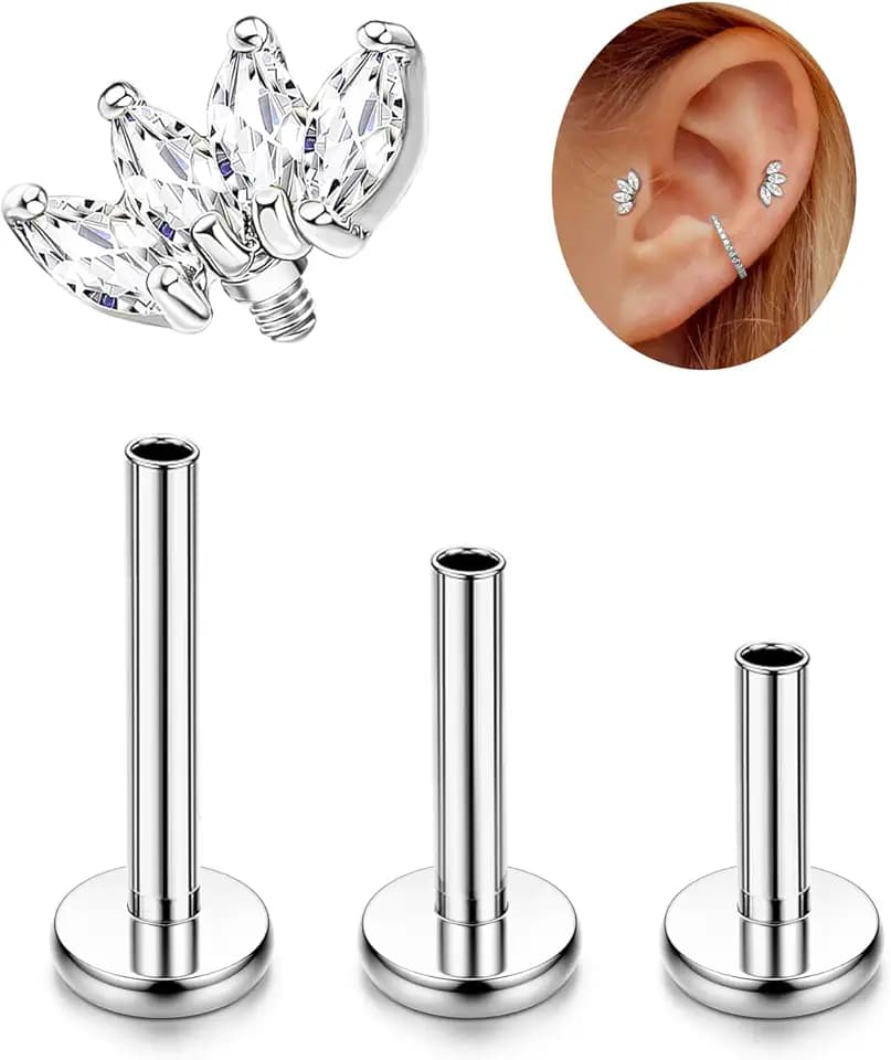 LOLIAS 16G G23 Titanium Tragus Conch Helix Piercing Jewelry 6mm 8mm 10mm - Internally Threaded Flat Back Stud Cartilage Earrings Hypoallergenic Forward Earlobe Labret Tragus Piercing Jewelry