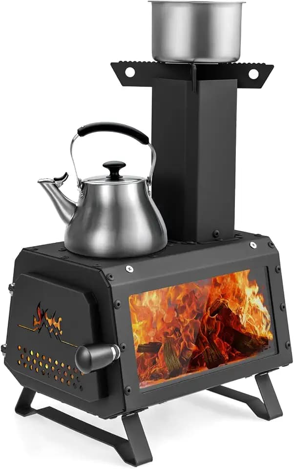 FANTASK tragbarer Holzofen, Raketenofen Outdoor inkl. 2 Kochflächen mit Sichtscheibe und Aschepfanne, Zeltofen, Campingofen für Garten & Camping, Schwarz