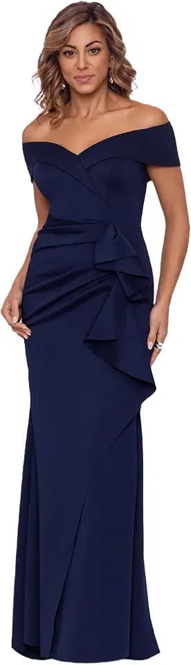 Xscape Women's Long Off-the-Shoulder Sweetheart Neckline Formal Evening Gown with Ruching and Draped Ruffle Detail