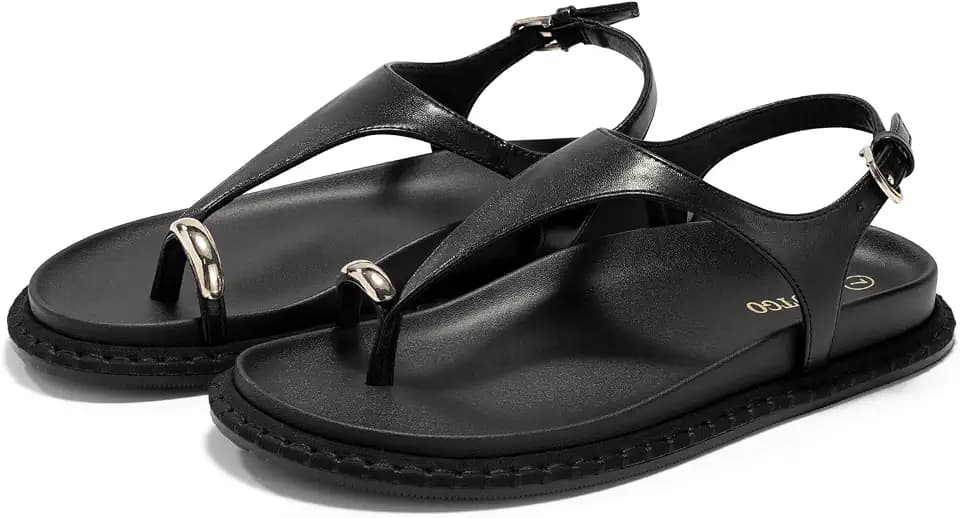 Coutgo Womens Toe Ring Flat Sandals Comfortable Flip Flops T Strap Footbed Sandals Ankle Strap Summer Beach Shoes