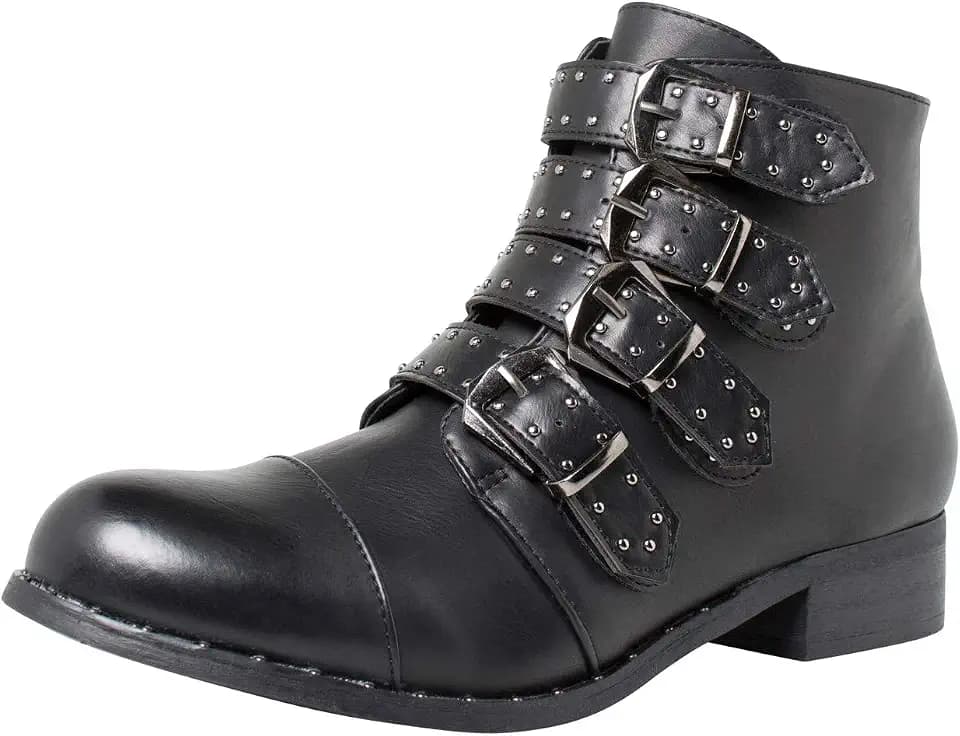 Damen Stiefelette Tamara Lederimitat Bikerboot mit Nieten und Schnallen Übergröße (EU,)