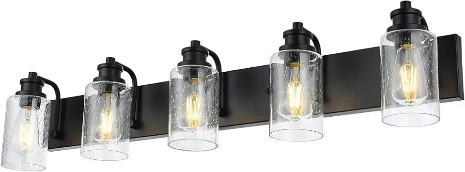 5-Light Bathroom Light Fixtures, 37" Black Bathroom Vanity Light with Seedy Glass Shades, Farmhouse Wall Sconces Lighting for Mirror, Hallway, Bedroom, Living Room