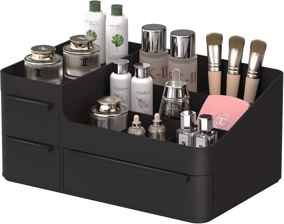 Makeup Organizer with Drawers, Countertop Organizer for Vanity, Bathroom and Bedroom Desk Cosmetics Display Case for Brushes, Lotions, Perfumes, Eyeshadow, Lipstick and Nail Polish