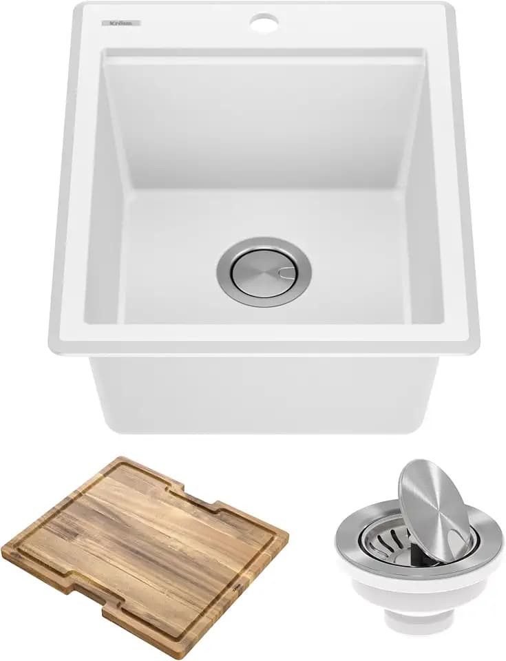 KRAUS Bellucci 18-inch Granite Workstation Drop In Top Mount Single Bowl Kitchen Sink in White with Accessories, KGTW12-18WH
