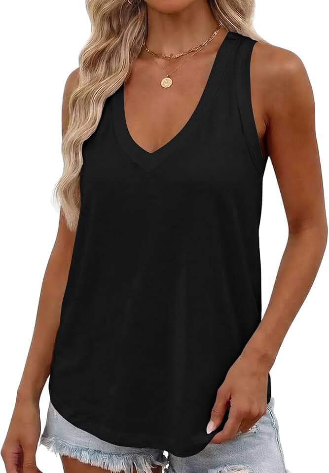Smile Fish Women Summer Deep V Neck Tank Top Loose Fit Flowy Sleeveless Shirt