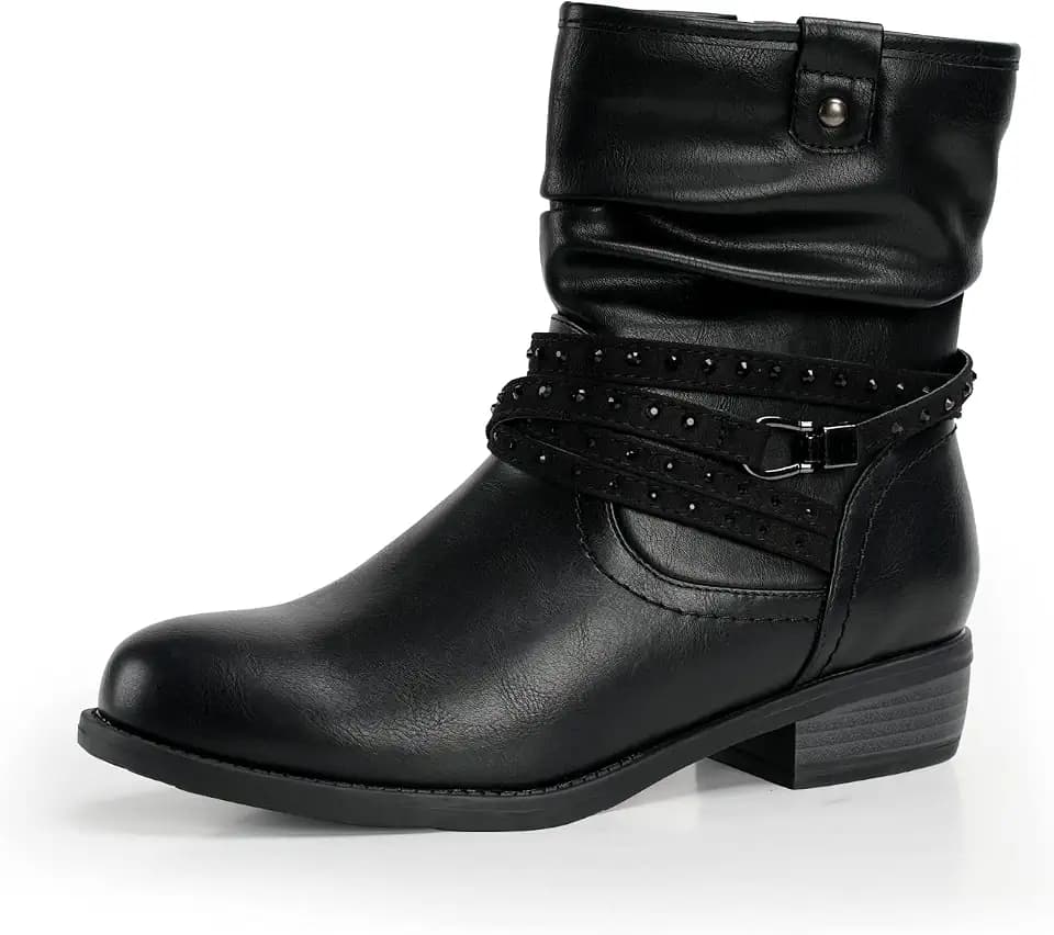 VJH confort Women's Mid Calf Boot,Round Toe Low Heel Comfort Slouchy Bootie with Side Zipper Buckle Strap