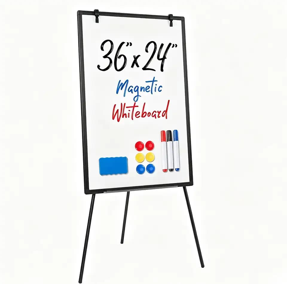 OLIXIS 36" x 24" Magnetic White Board with Stand, Standing Dry Erase Board, Whiteboard with 1 Dry Eraser & 2 Multicolor Markers & 4 Magnetic Pins, Aluminium Frame for Home, School, Office, Black