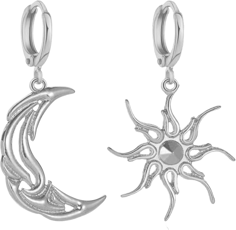 Asymmetric Sun Moon Huggie Earrings for Women Statement Tiny Planet Half Moon with Flaming Sun Dangle Drop Hoop Earrings Statement Jewelry (Silver)