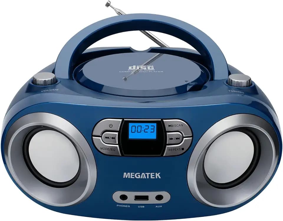 MEGATEK Portable CD Player Boombox with Bluetooth & FM Radio – Blue Jay