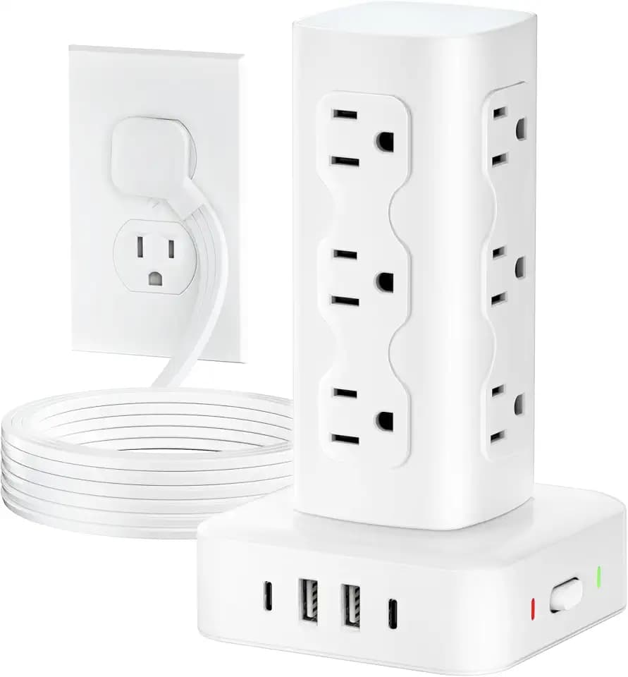 Power Strip Tower Surge Protector(2000J), Flat Plug Charging Station Tower with 12 AC Outlets & 4 USB Ports(2 USB C), 6FT Extension Cord for Home Office Dorm, White