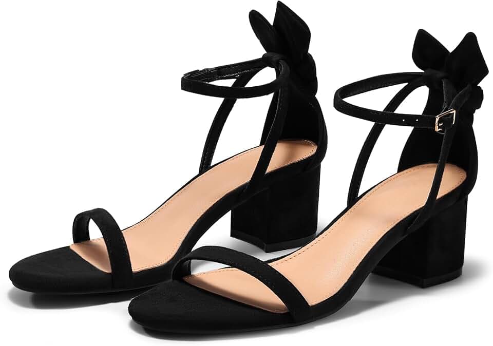 Coutgo Womens Chunky Low Heels Open Toe One Strap Heeled Sandals Bow Ankle Strap Wedding Dress Shoes