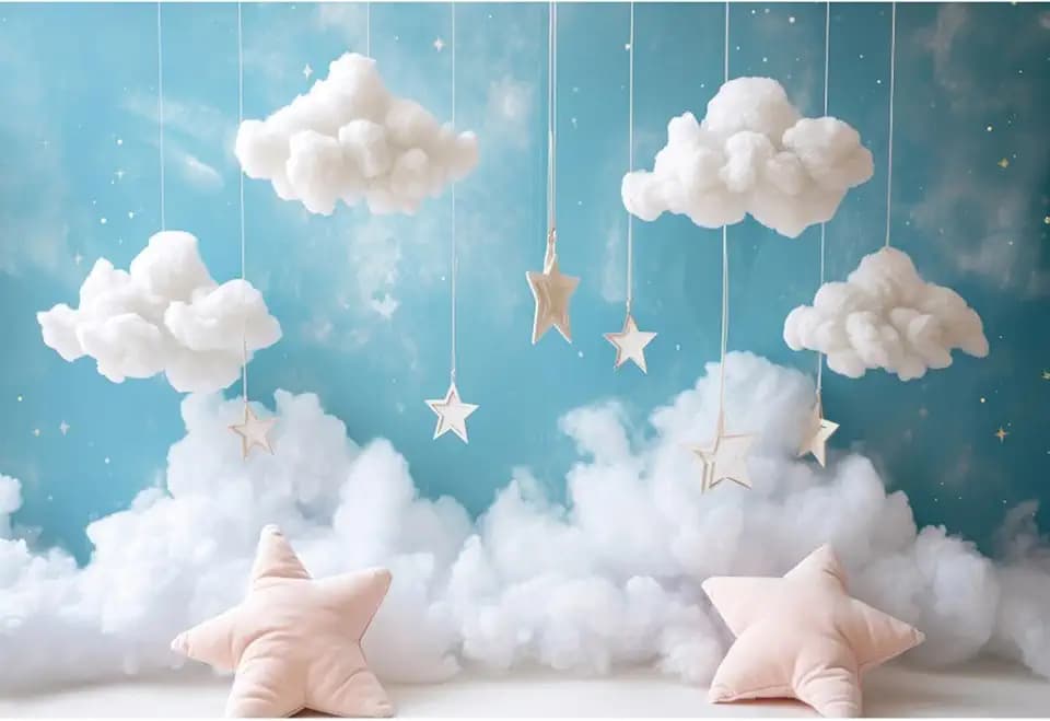 YongFoto Cute Sky Clouds Star Blue Backdrop 5x3ft Kids Photography Background Boy Girl Birthday Baby Shower Cradle Ceremony Party Banner Child Portrait Photoshoot Wallpaper Photo Studio Booth Props