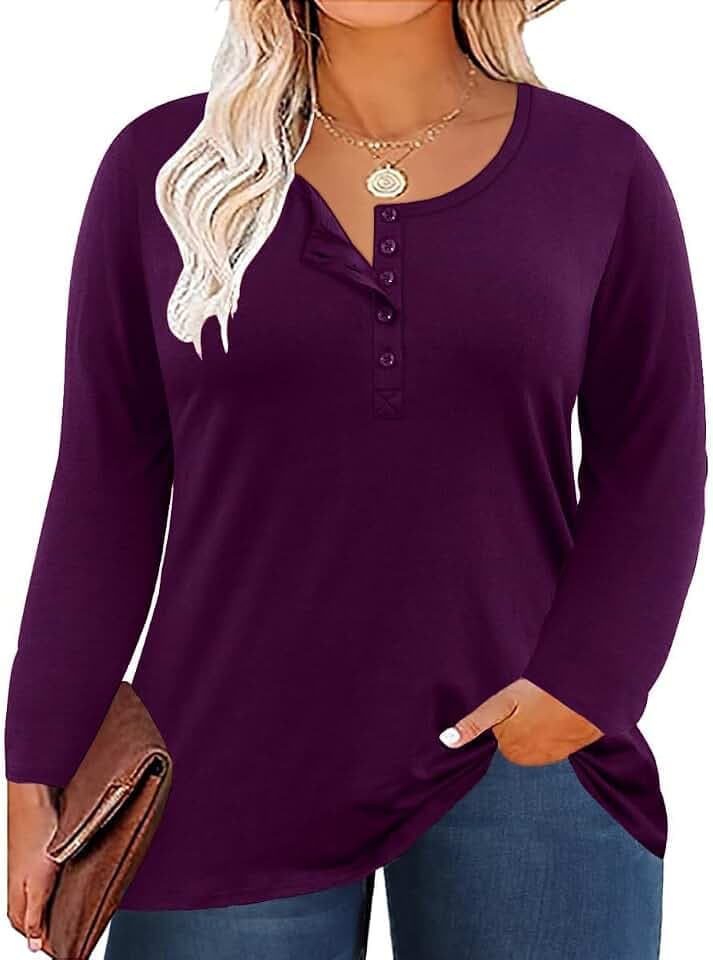 ForHailey Women's Plus Size Top Henley Neck Shirt Long Sleeve Button Front Round Neck Tee Basic Ladies Loose Fit T Shirt