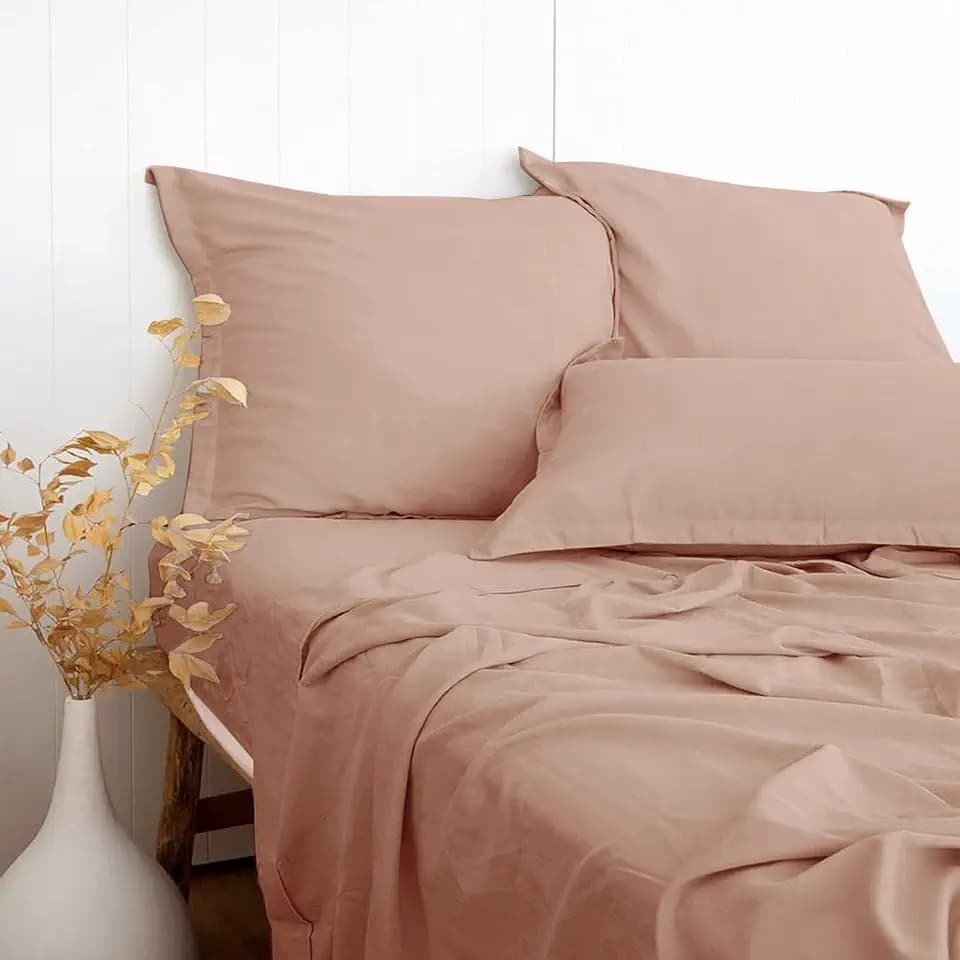 Dusty Pink Linen-Textured Bed Sheets Set, Bamboo Rayon , Cotton , Linen Blend Bed Sheets Twin Size, Soft Cool & Breathable for Hot Sleepers,Durable Natural Organic Bed 15'' Deep Pocket - 3 Piece