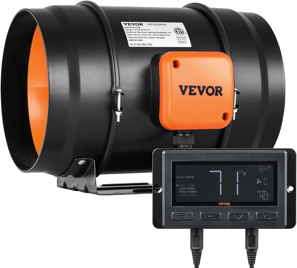 VEVOR Inline Kanalventilator, 8 Zoll 807 CFM mit Temperatur-Feuchtigkeitsregler, leiser EC-Motor Belüftung Abluftventilator für Kühlung Booster, Wachstumszelte, Hydrokultur