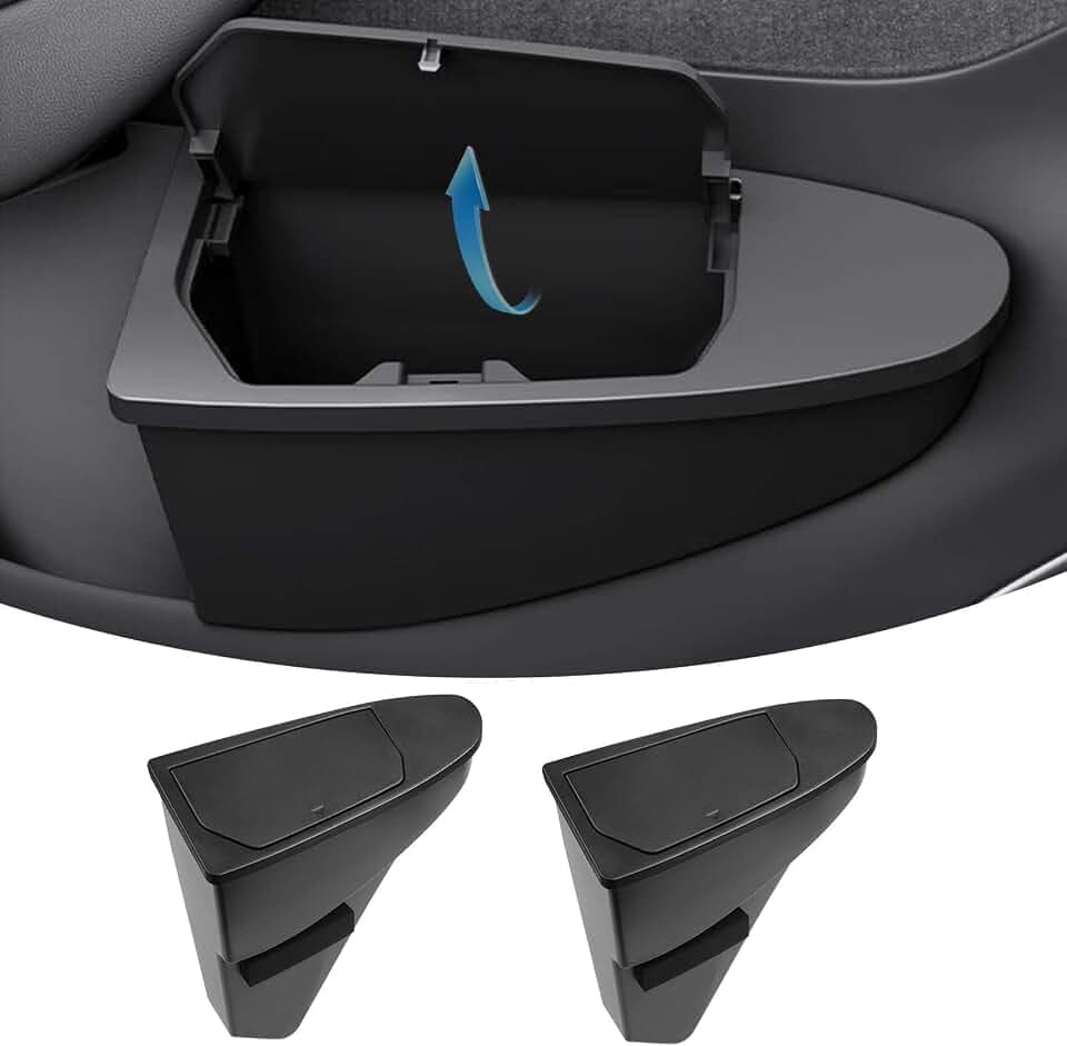 Canvcle Front Door Trash Can for 2025 2026 New Tesla Model Y Juniper Accessories, Door Side Storage Box Organizer Front Seat Door Garbage Bin with Push-Open Lid, Hidden Storage Organizer Black 2PCS