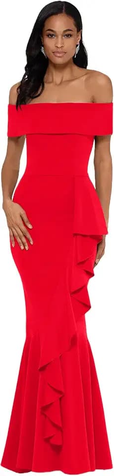 Betsy & Adam Women's Women's Long Off Shoulder Cascade Ruffle Stetch Scuba Crepe Gown