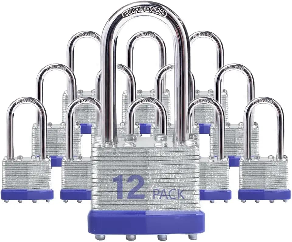Laminated Steel Padlocks, Long Hardened Shackle, Keyed Alike,12 Pack