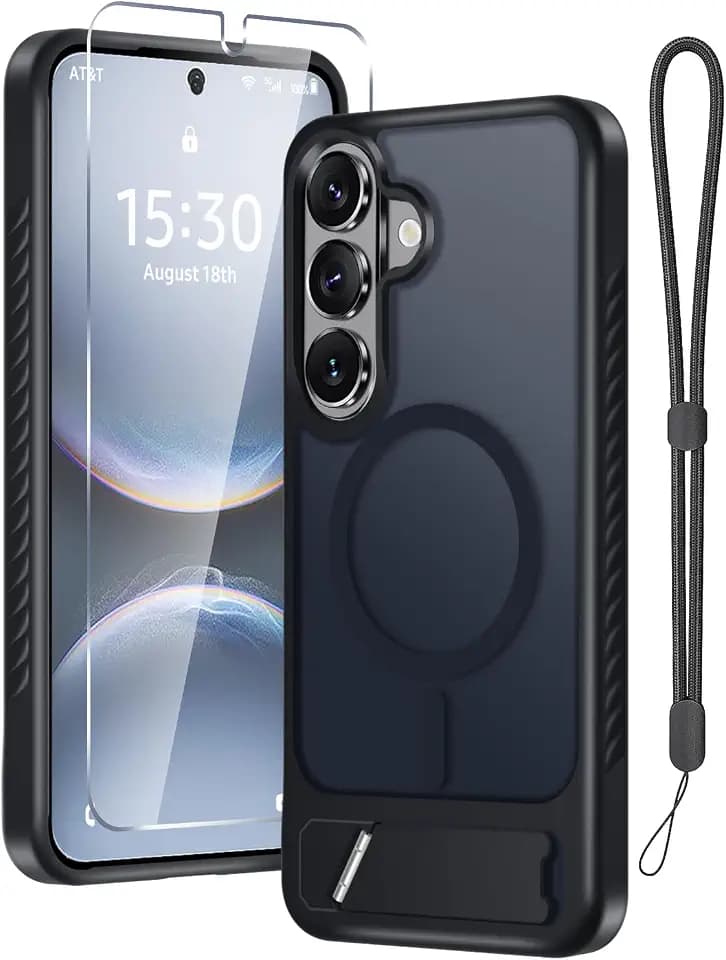 Janmitta Magnetic for Samsung Galaxy S26 Plus Case Built in Invisible Kickstand, with Screen Protector+Wrist Strap, Fit for MagSafe, Translucent Slim Translucent Matte Phone Cover,Black